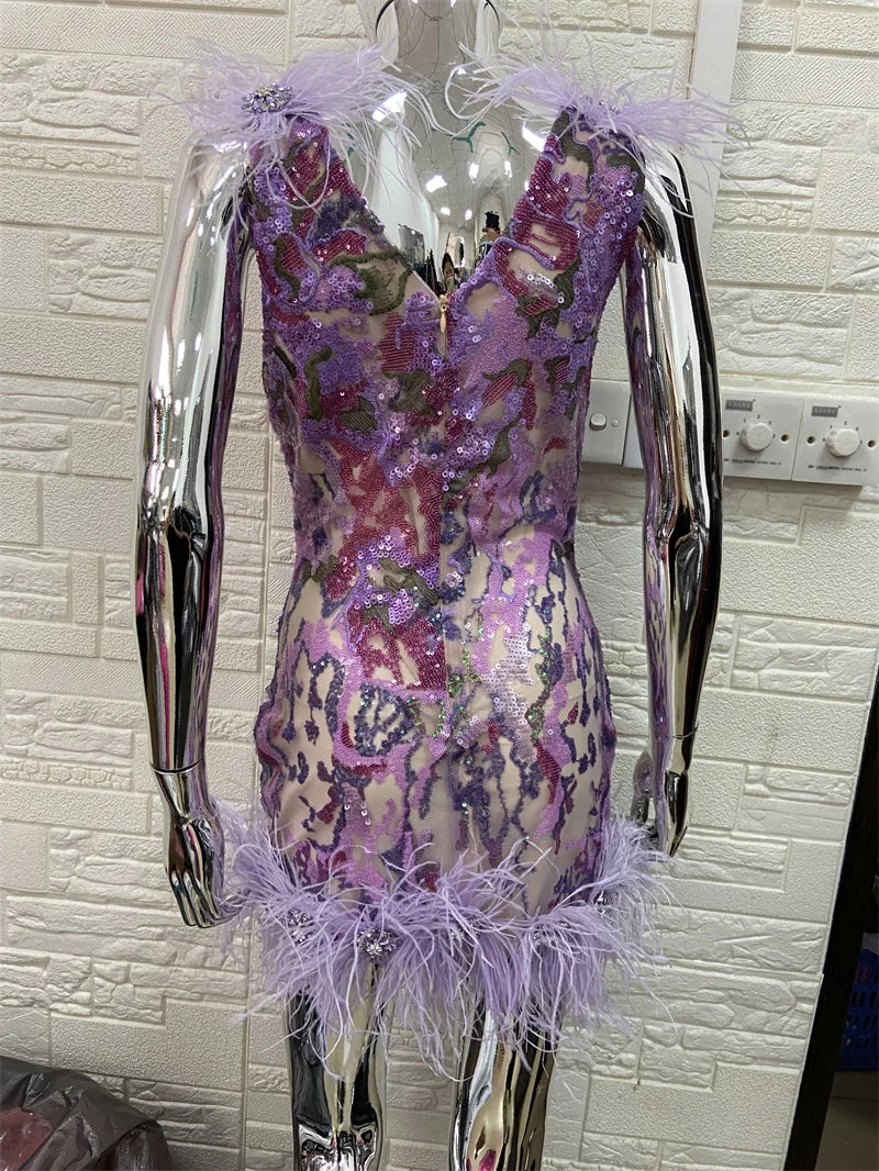 STOCK High Quality Gorgeous Feathers Shining Diamonds Violet Sequins Sleeveless Mini Dress Graceful Woman Evening Party Outfit