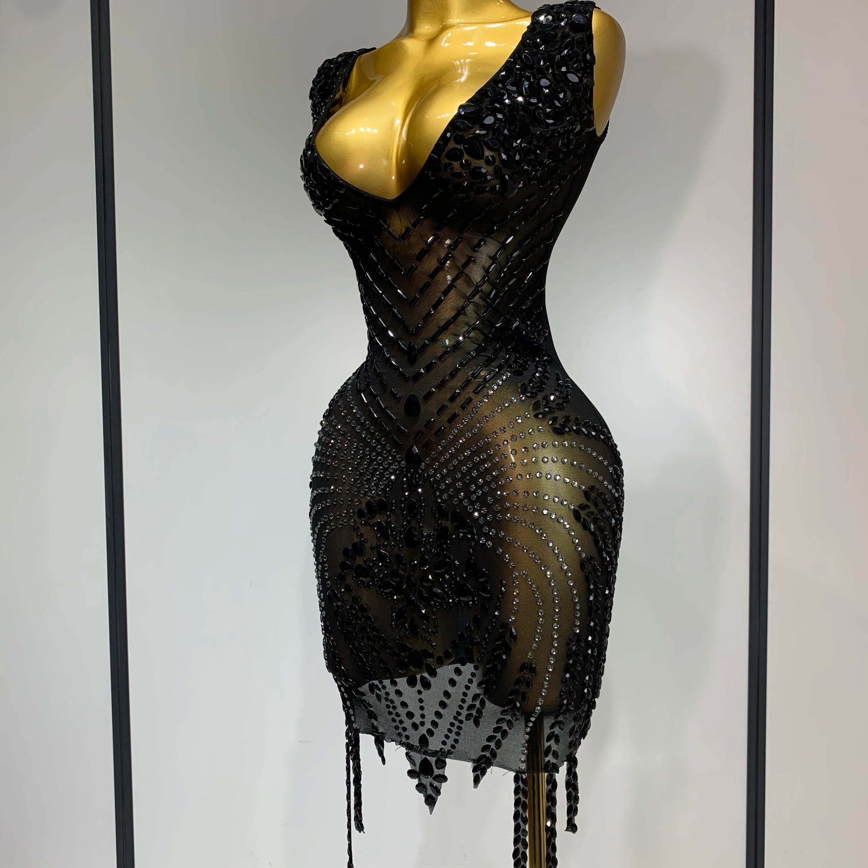 Women Sexy Stage Performance Outfit Sparkly Rhinestones Bodycon Dress Birthday Celebrate Evening Party Nightclub Mesh Dress