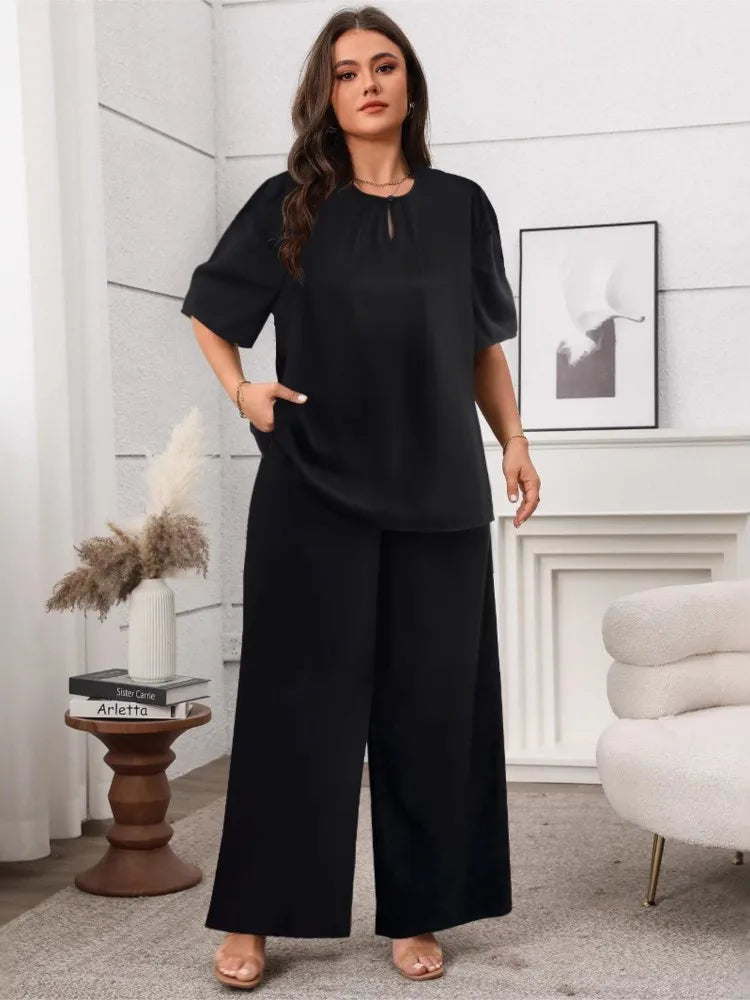 Plus Size Summer 2 Two Piece Set Women Pleated Short Sleeve Modis Casual Ladies Blouses Loose Wide Leg Elastic Waist Woman Pant