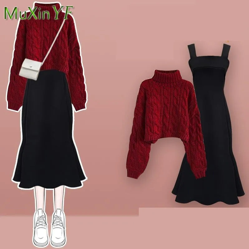 Women's Autumn Winter Loose High Neck Knitted Sweater Suspender Dress Two-piece Korean Elegant Pullover Strap Skirt Matching Set