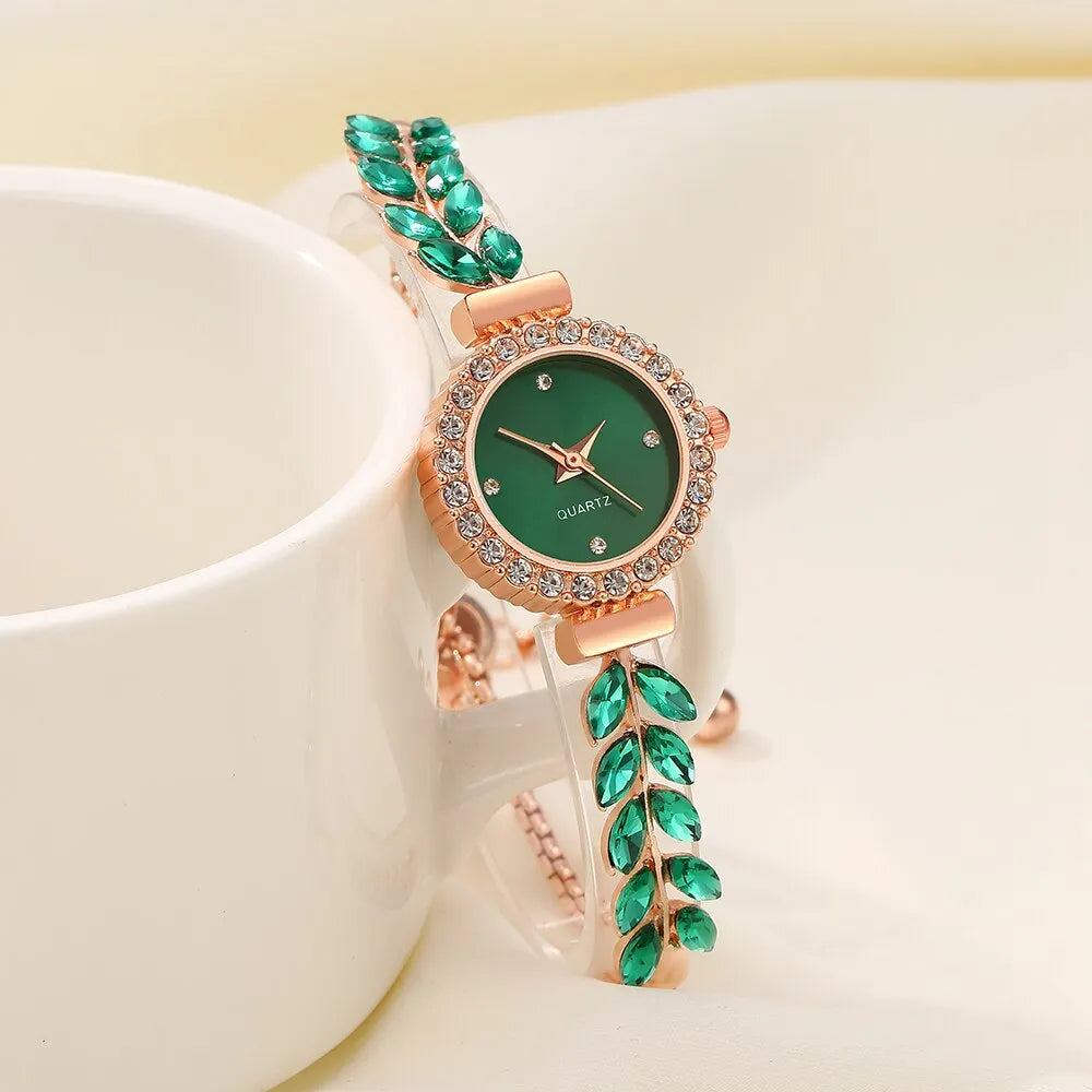 5PCS Set Luxury Leaf Watch Women Ring Necklace Earring Rhinestone Fashion Watch Casual Ladies Bracelet Watches Montre Femme
