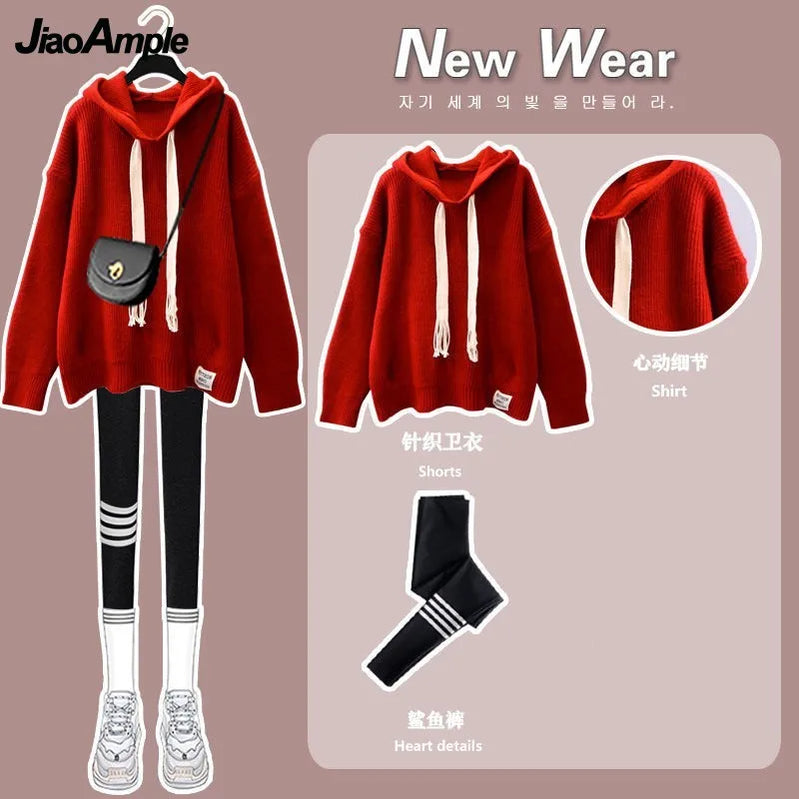 Women's Autumn Winter New Loose Knitted Hoodie Shark Pants Two Piece Korean Elegant Pullover Matching Set Female Clothing Suit