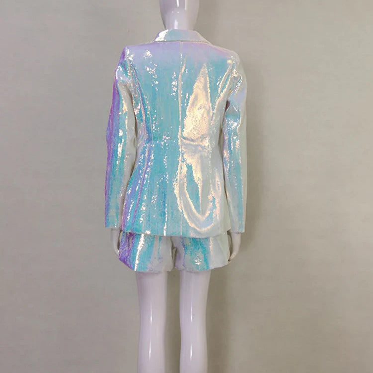 HIGH STREET Newest Designer Runway Suit Set Women's Single Button Glitter Sequined Blazer Shorts Set