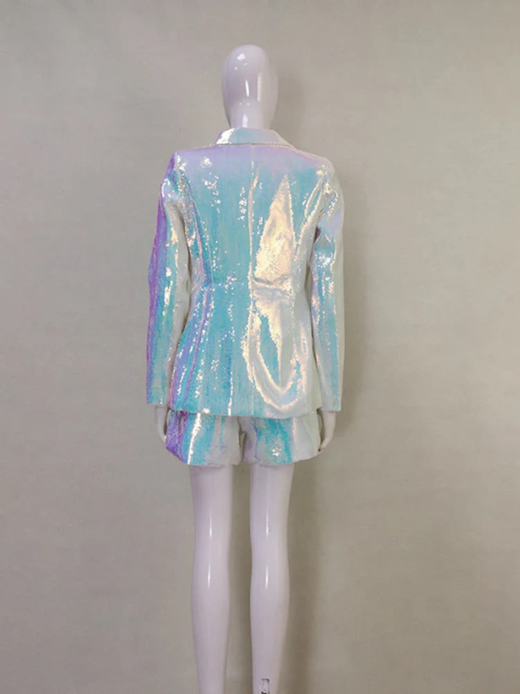 HIGH STREET Newest Designer Runway Suit Set Women's Single Button Glitter Sequined Blazer Shorts Set