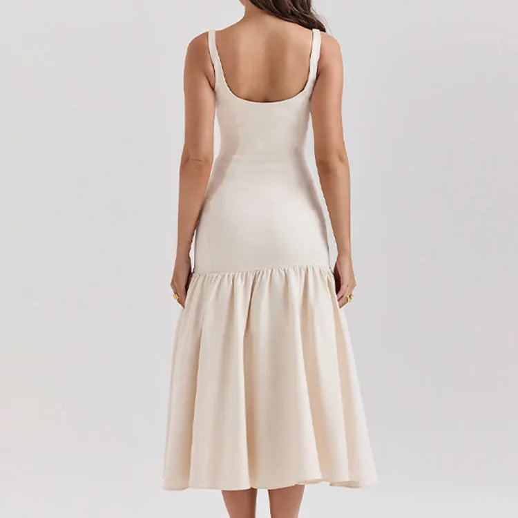 Summer Women Ruffles Suspenders Dress Slim Solid Square Collar Sleeveless Vestidos Spring Fashion Female Party Robes