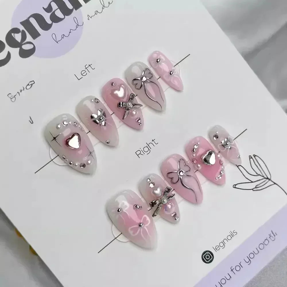 24pcs Short Almond Press on Nails 3D Flower Butterfly Fake Nails with Glue Colorful Natural Acrylic False Nails Full Cover Nails
