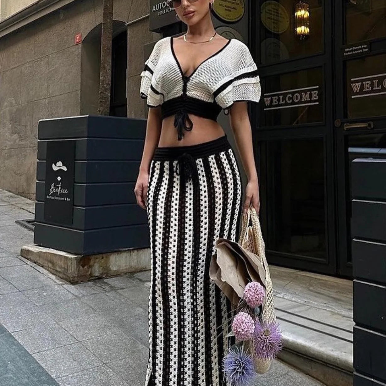 CM.YAYA Women's Set Short Sleeve V-neck Top + Long Skirts Suit Summer Knitted Hollow Out Streetwear Beach Sexy Two 2 Piece Sets