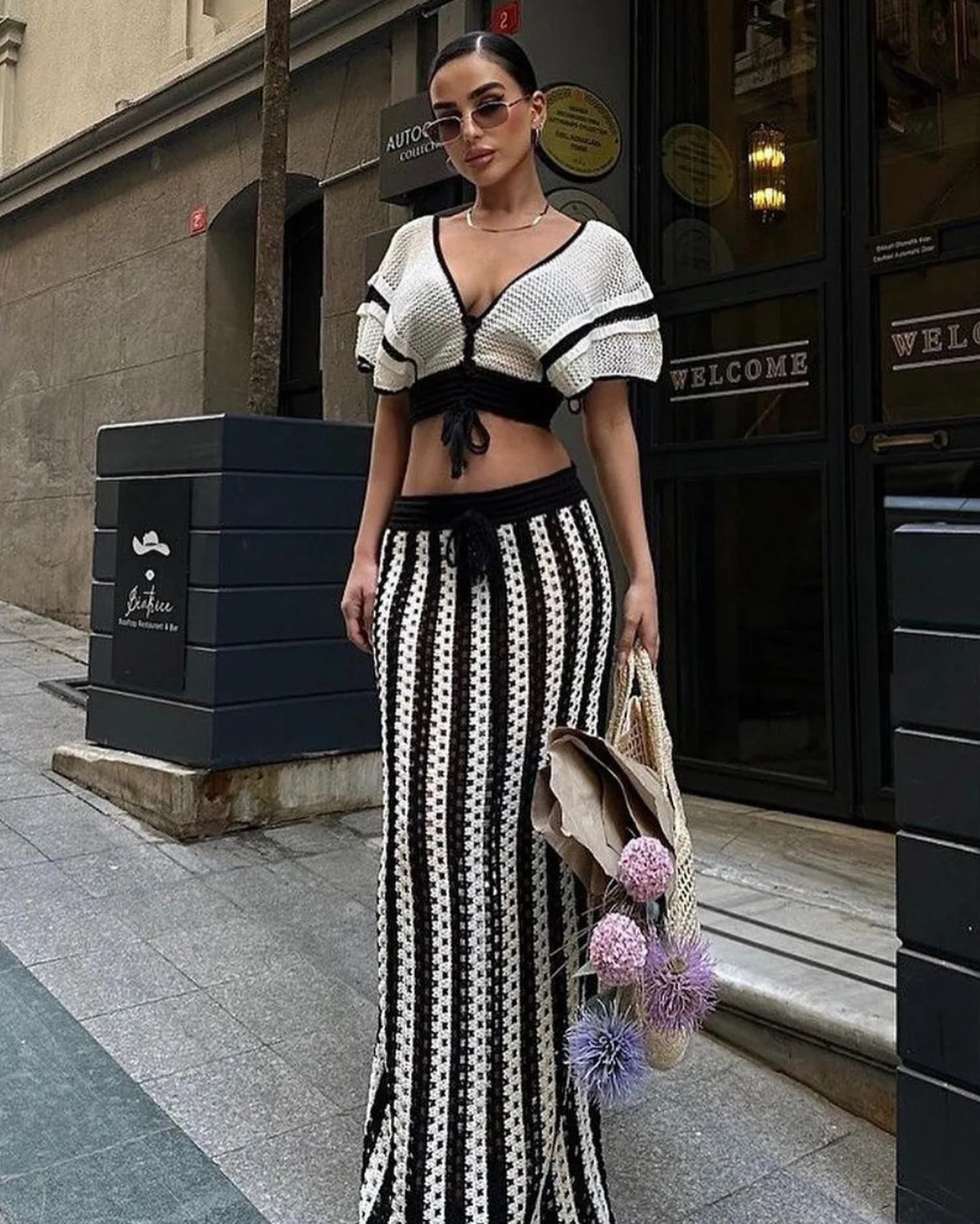 CM.YAYA Women's Set Short Sleeve V-neck Top + Long Skirts Suit Summer Knitted Hollow Out Streetwear Beach Sexy Two 2 Piece Sets