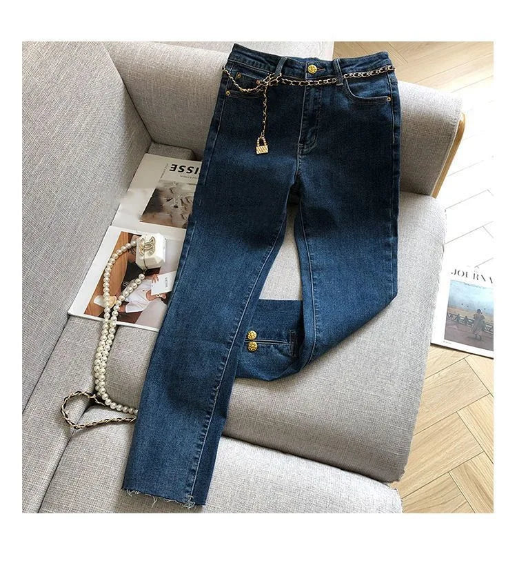 Gold Metal Button Jeans Women's High Waist Loose Slim Chain Lock Belt Pants Pure Cotton Wool Solid Color Elastic Beige Luxury 24 Blue