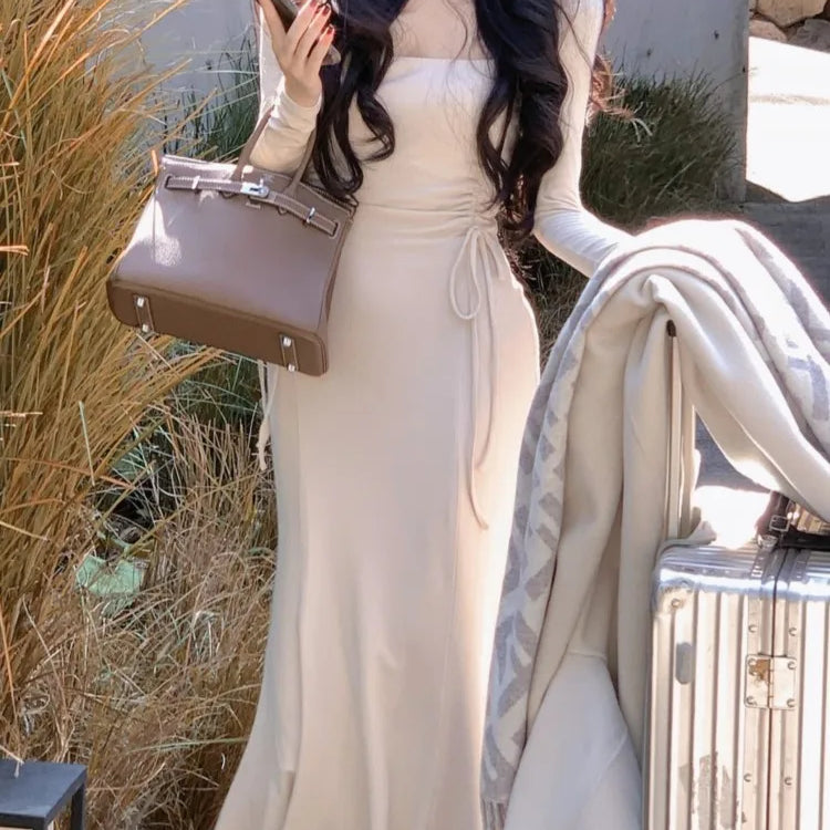 Fashion Women Midi Bodycon Dress Autumn New Drawstring Casual Slim Elegant Party Vestidos Female Chic Prom Birthday Long Robe