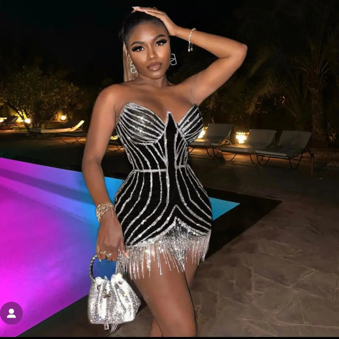 Luxury Shining Diamonds Tassel Strapless Mini Dress Celebrity Birthday Party Evening Dress Stage Performance Costume