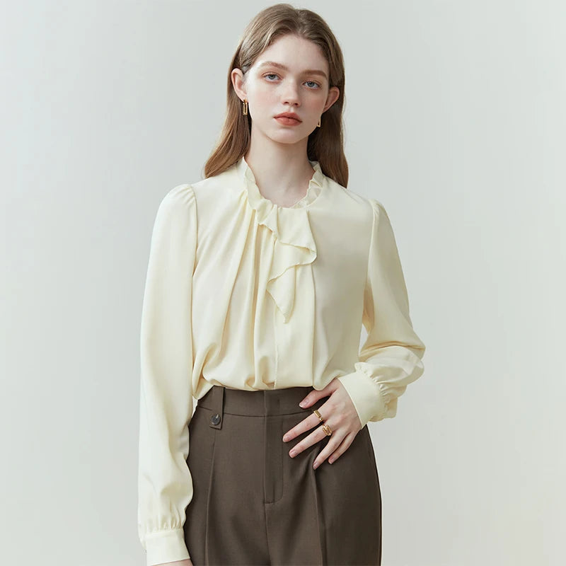 French Long-sleeved Vintage Shirt for Women Spring Summer Niche Style Wood Ear Design Commuter Solid Shirt Office Lady Beige