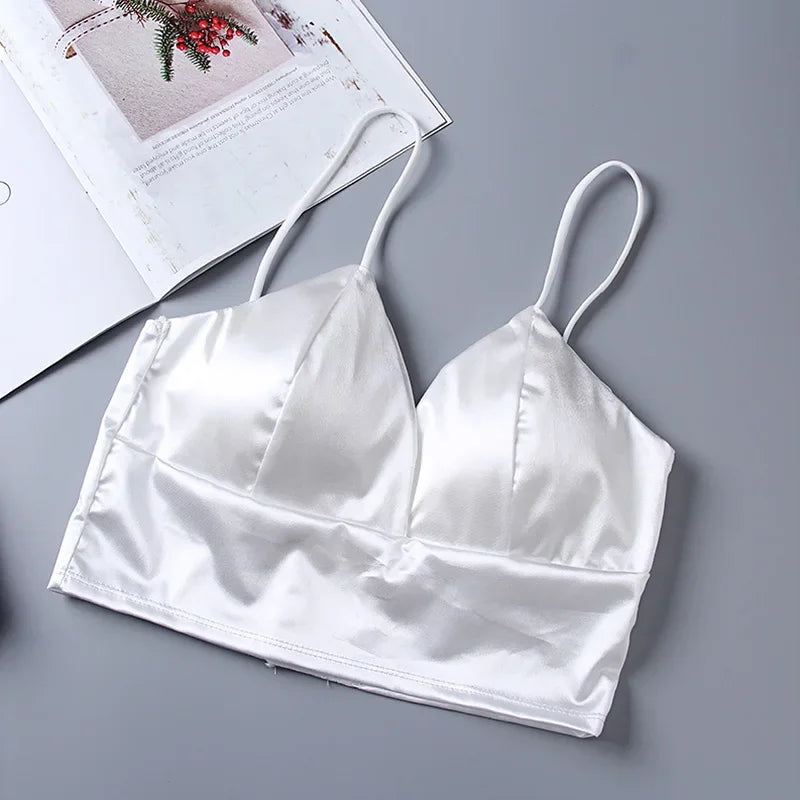 Sexy Satin Crop Tops Women Wireless Bralette Crochet Top Female Spaghetti Strap T-shirt Cropped With Chest Padded Camisole white One Size