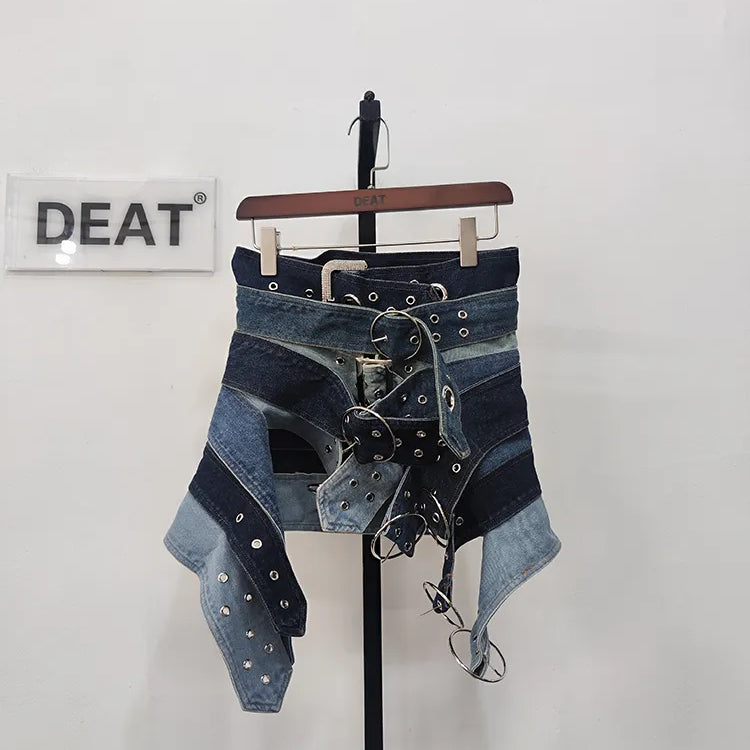 DEAT Fashion Women's Denim Skirt Low Waist Washed Irregular Metal Hole Belt Spliced A-line Skirts Autumn 2023 New Tide 7AB767 Picture Color