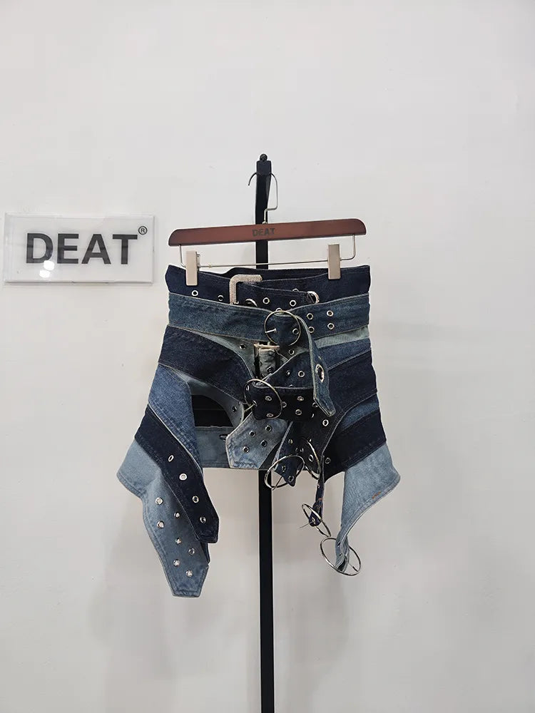 DEAT Fashion Women's Denim Skirt Low Waist Washed Irregular Metal Hole Belt Spliced A-line Skirts Autumn 2023 New Tide 7AB767 Picture Color