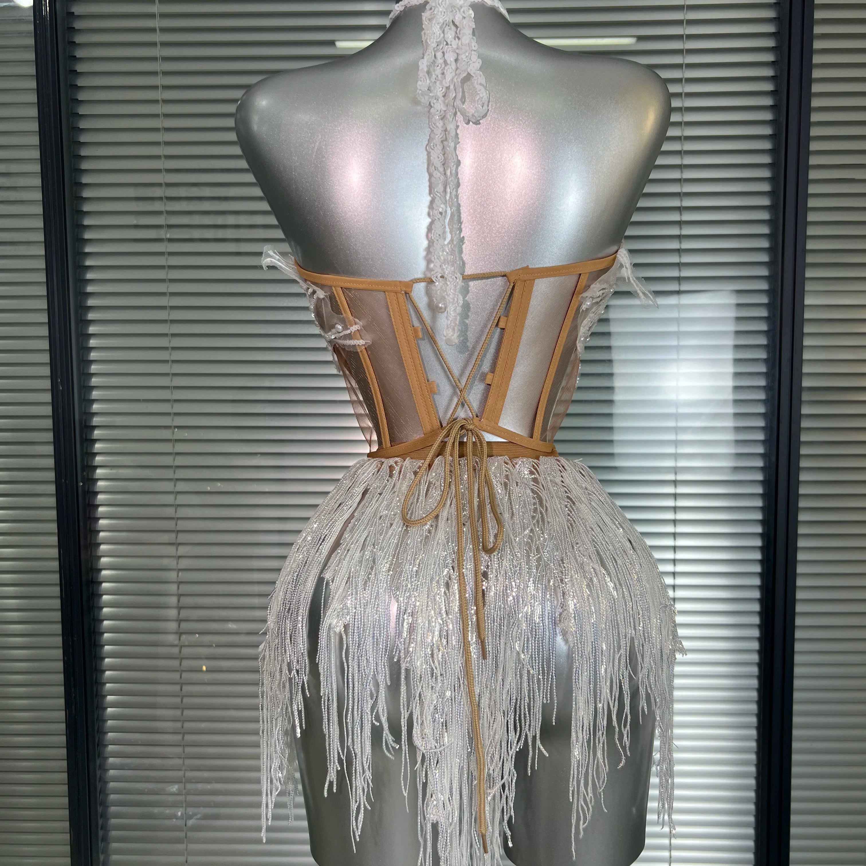 Women Sexy Sequins White Sparkly Two Pieces Set Shinning Fancy Night Club Skirt Suits Singer Dancer Stage Costume