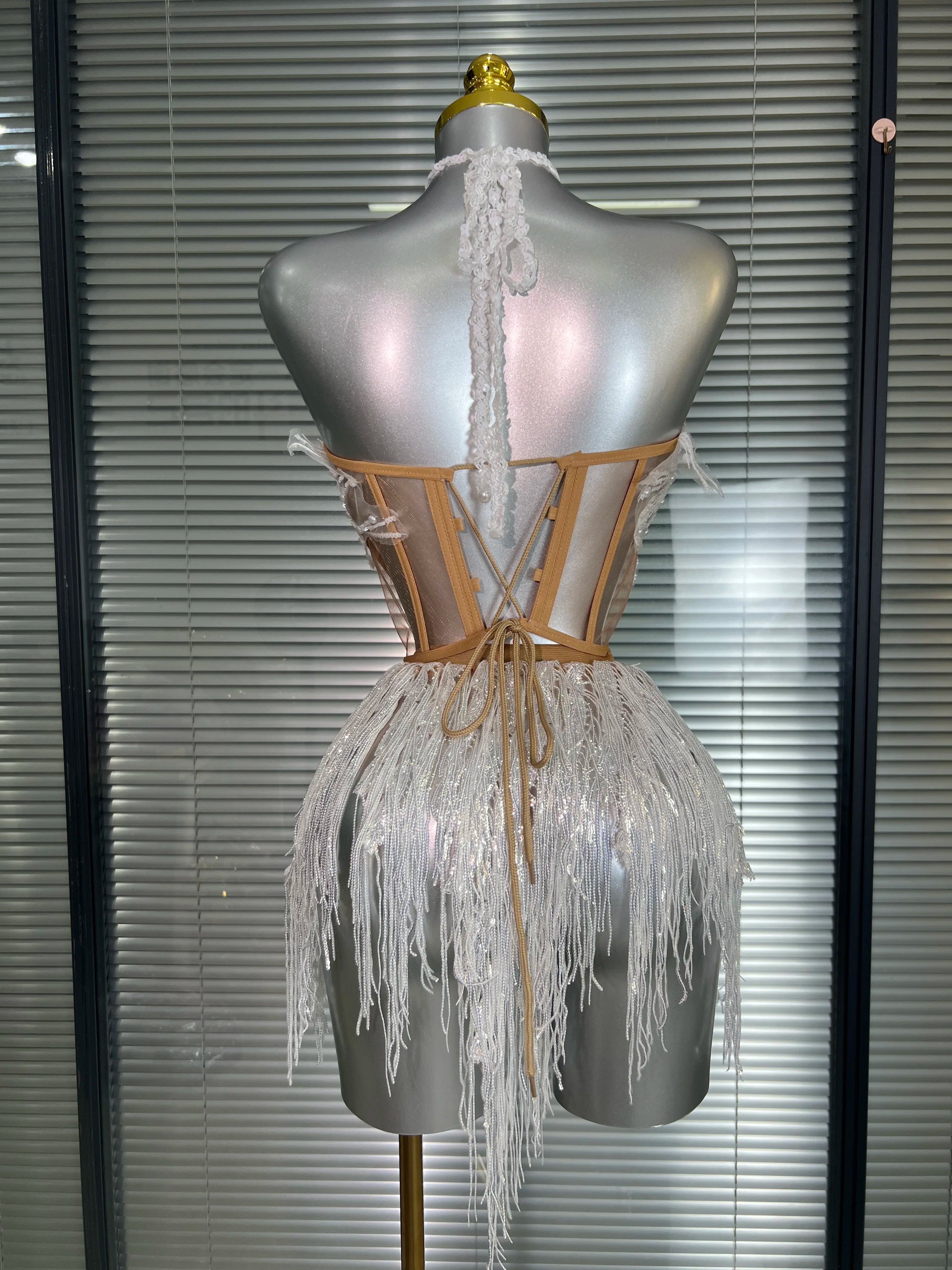 Women Sexy Sequins White Sparkly Two Pieces Set Shinning Fancy Night Club Skirt Suits Singer Dancer Stage Costume