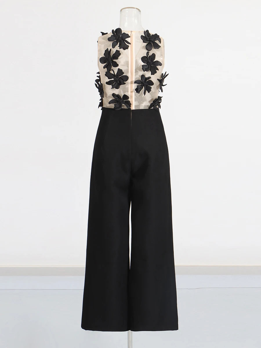 TWOTWINSTYLE Solid Slimming Spliced Appliques Jumpsuits for Women V Neck Sleeveless High Waist Elegant Jumpsuit Female Fashion