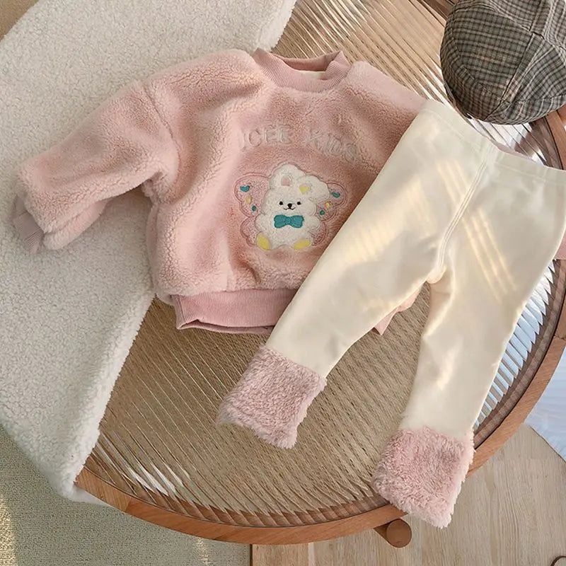 Winter Plush Children's Sets 2024 Cute Lamb Hair Little Bear Baby Clothes Set Thickened Kids Top Pant 2Pcs Set for Boys Girls Pink 2Pcs Set