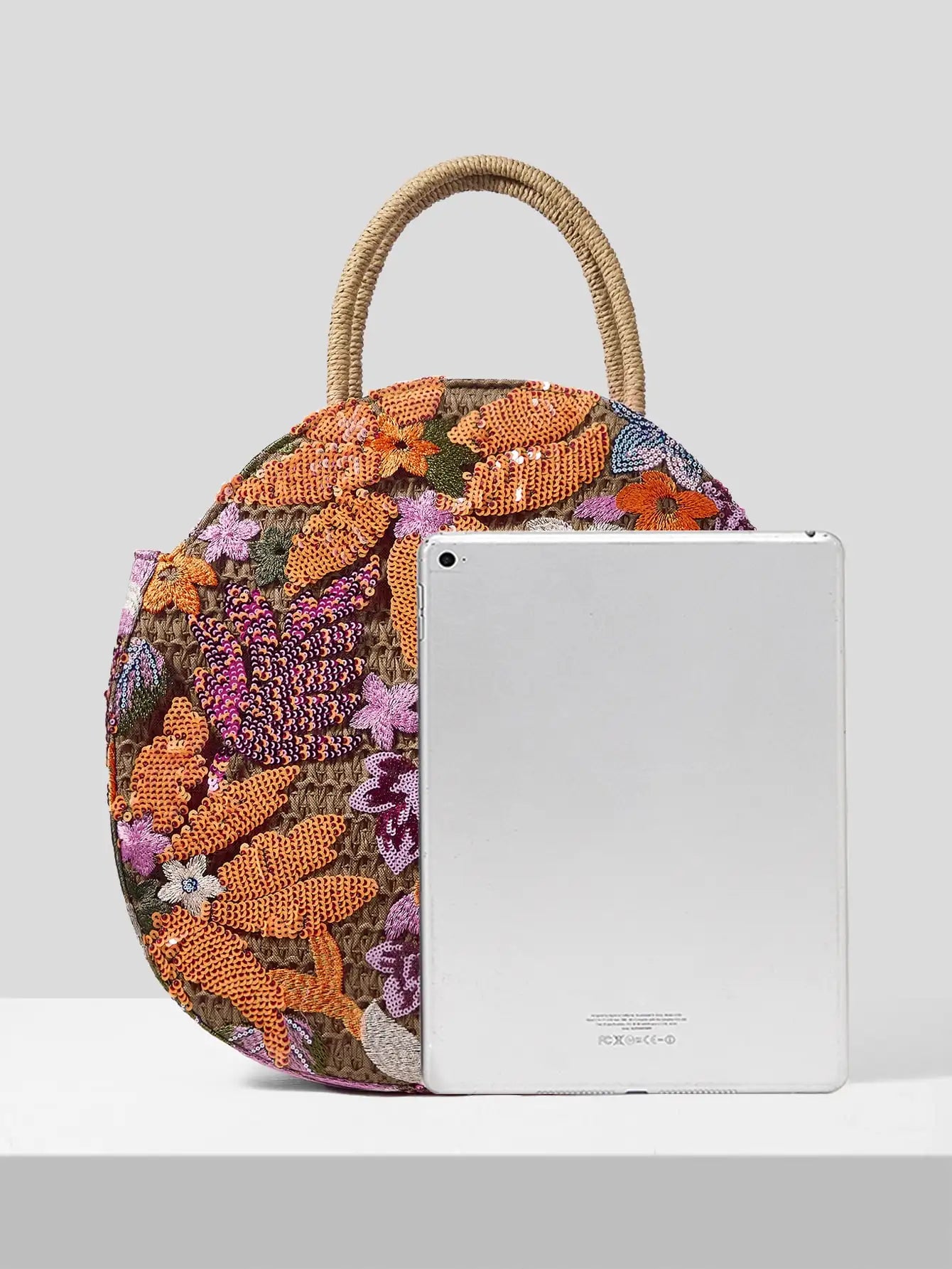 Women' Handbag Sequins Flower Round Straw Braid Large Capacity Tote Bag