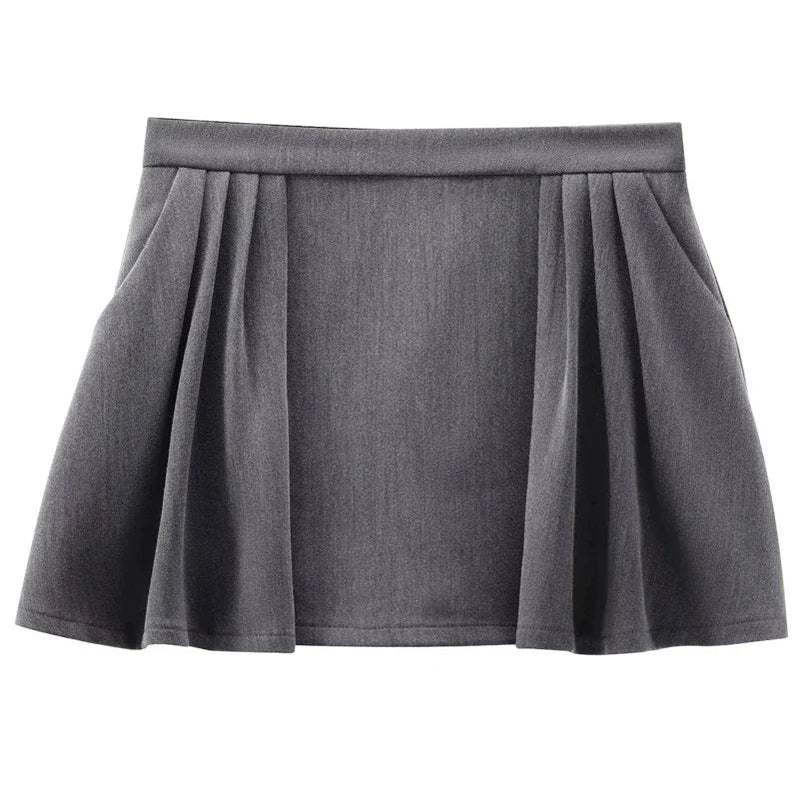 TRAF Women's Shorts Spring Summer Mini Pleated Culotte Grey High Waist Short Skirt Korean Style Culotte Casual Cargo Short Lady Dark Grey
