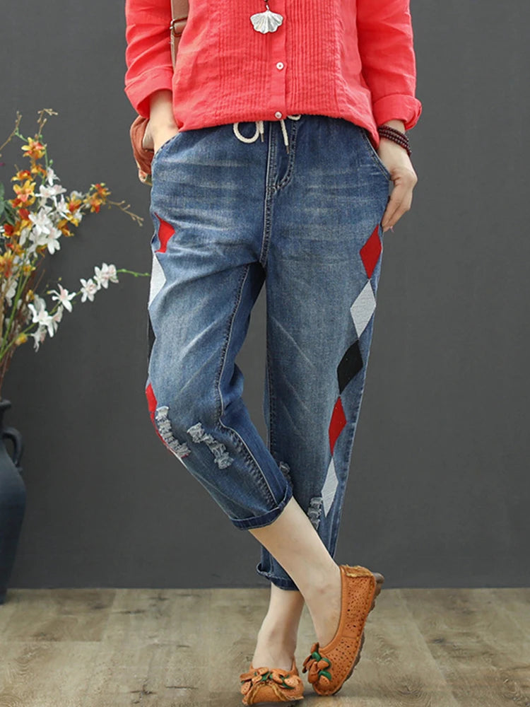 Autumn Ladies Luxury Embroidery Jeans Womens Fashion Vintage Ripped Denim Trousers Loose Holes Elastic Harem Pants