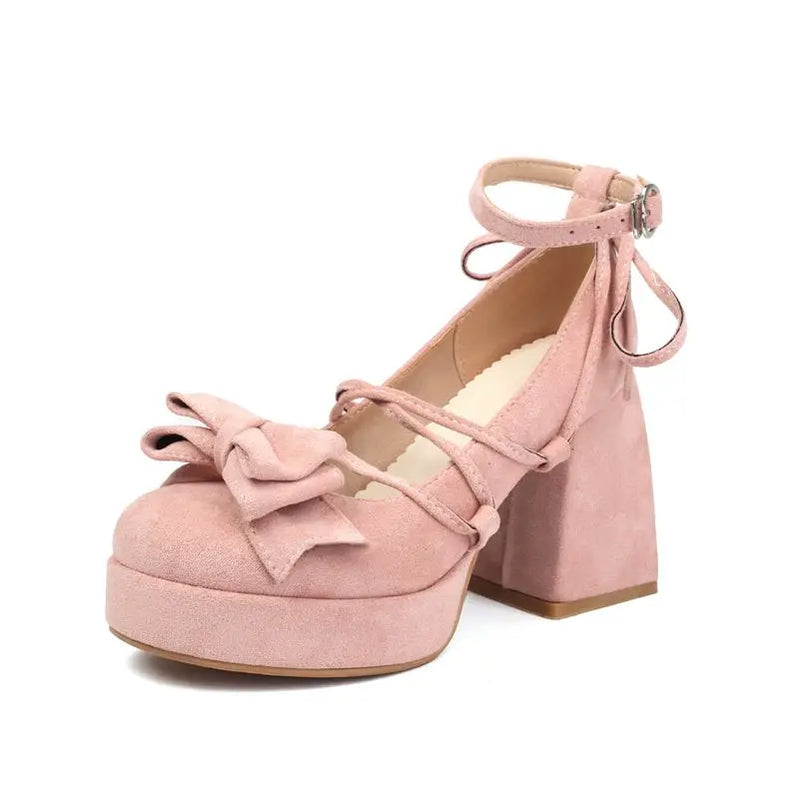 SIMLOVEYO Lolita Women Pumps 32 33 Round Toe Chunky High Heels 9cm Platform Bowknot Ankle Strap Big Size 44 45 Sweet Shoes