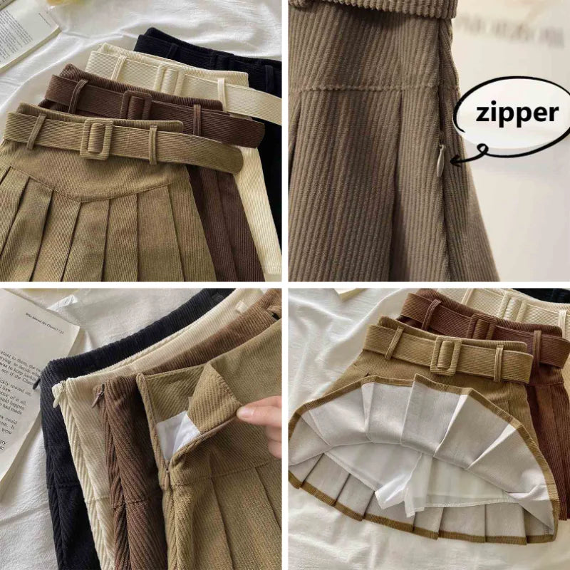 Pleated Mini Skirts Women Japan Students Corduroy Preppy Style Autumn Winter Basic Solid Bottoms Chic Vintage JK Slim All-match