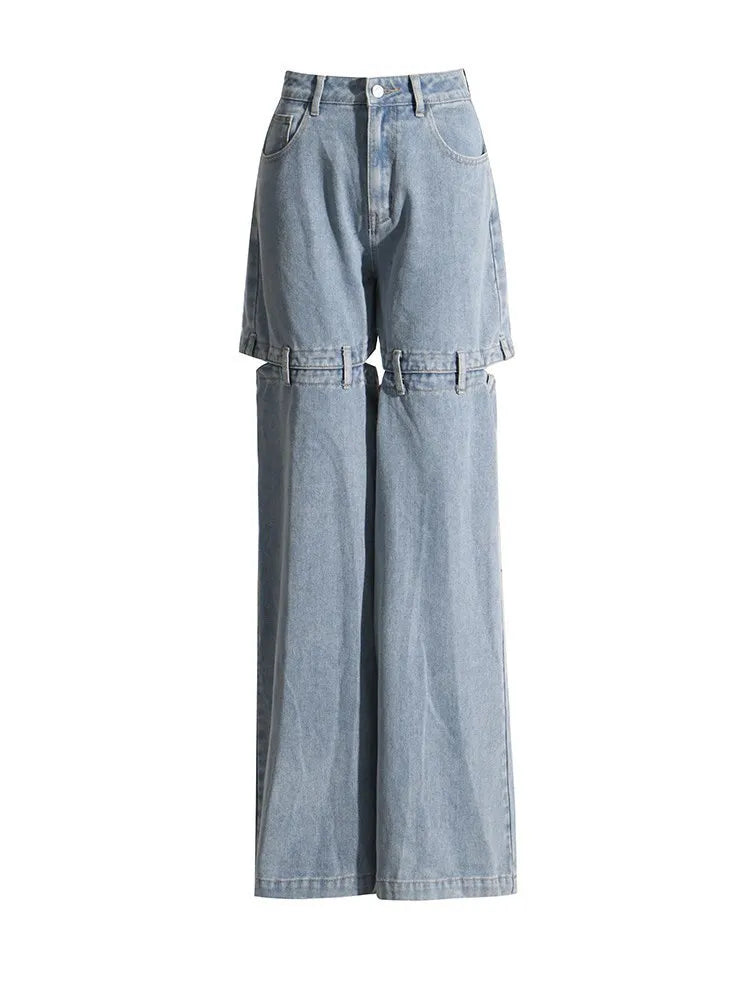 Hollow Out Streetwear Denim Trousers For Women High Wasit Loose Patchwork Wide Leg Pats Female Fashion Summer Clothing New