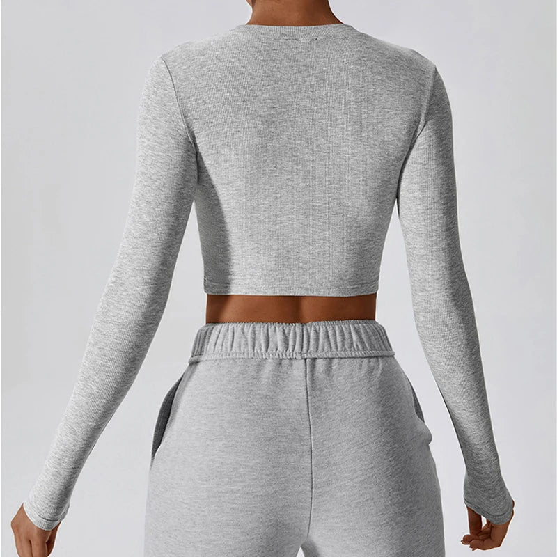 VITALINOVO Ribbed Crew Neck Cropprd Gym Tee Shirt Lightweight Basic Crop Tops Slim Fit Long Sleeve Workout Shirts for Women
