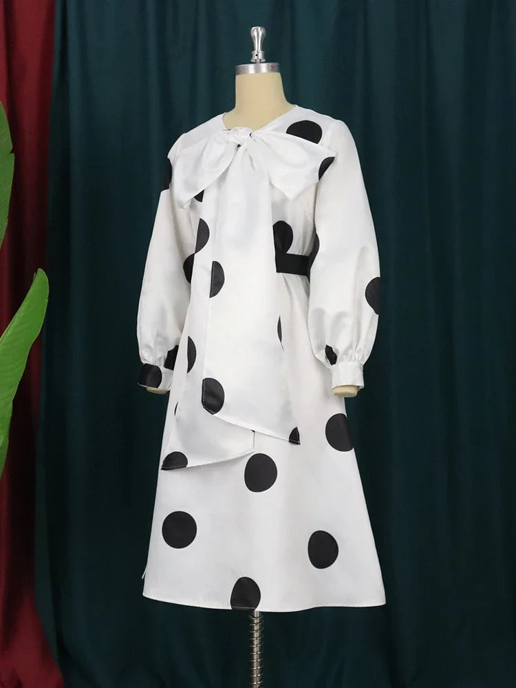 Women White Dress Polka Dot Print Big Bow Lantern Sleeve Spring Elegant Fashion Birthday Party Evening Plus Size Gown Robes 4XL