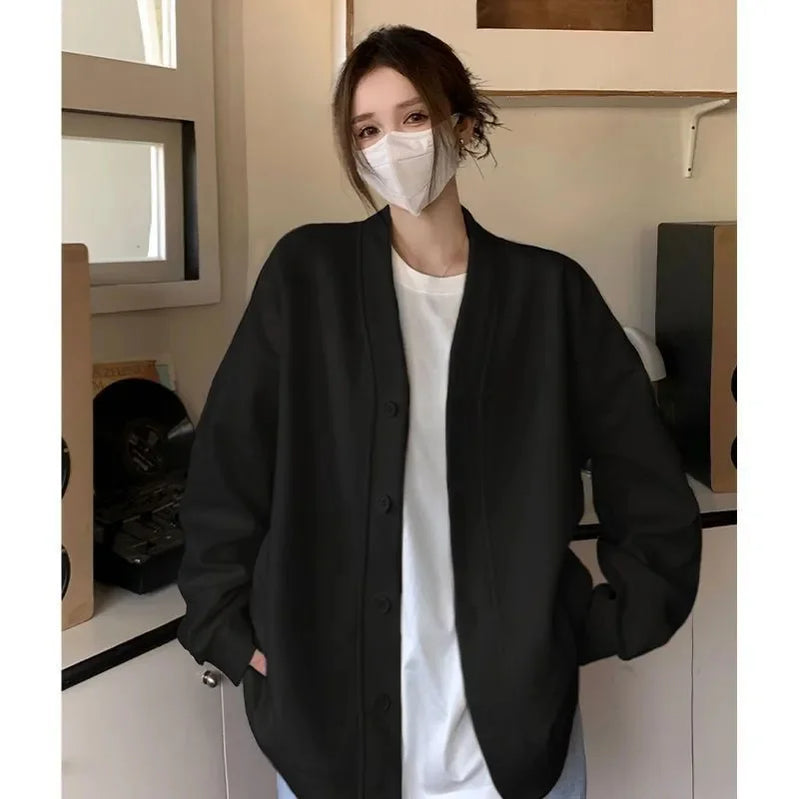 New Explosive JK Coat Top College Style Grey V-neck Cardigan Hoodie Women's Autumn/Winter Plush Korean Series Women Black