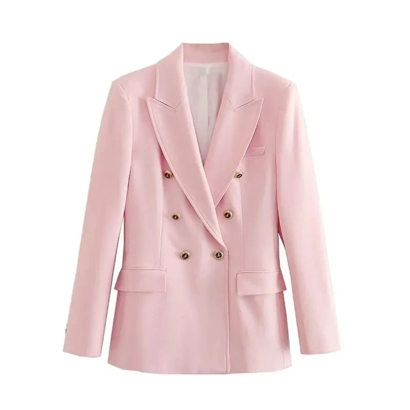 Women's Fashion Long Sleeve Lapel False Pocket Trim Blazer Women's Elegant Double Breasted Solid Color Suit Autumn Pink
