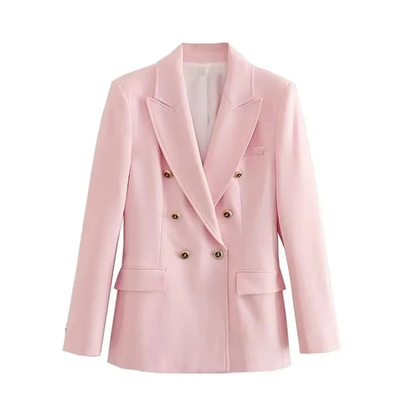 Women's Fashion Long Sleeve Lapel False Pocket Trim Blazer Women's Elegant Double Breasted Solid Color Suit Autumn Pink
