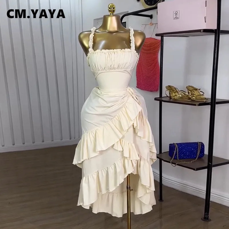 CM.YAYA Women Strap Slash Neck Cascading Ruffles Drawstring Ruched Up Long Maxi Dress 2025 Birthday Evening Sexy Dresses Vestido