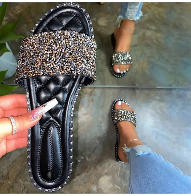 Women Crystal Slippers Ladies Bling Flats Female Fashion Outdoor Beach Shoes Female Footwear Women Summer Slides Plus Size black