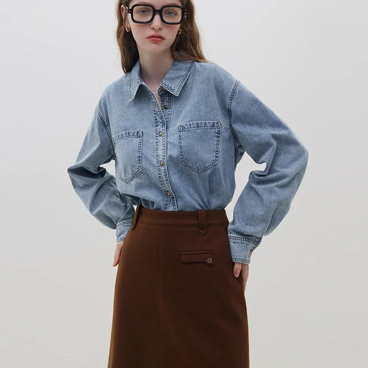 Deep Blue Soft Denim Shirt Women's Autumn Winter Long Sleeved Retro Casual Layered Shirt Blue Women Tops For Work