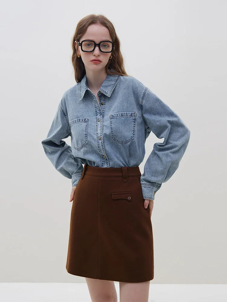 Deep Blue Soft Denim Shirt Women's Autumn Winter Long Sleeved Retro Casual Layered Shirt Blue Women Tops For Work