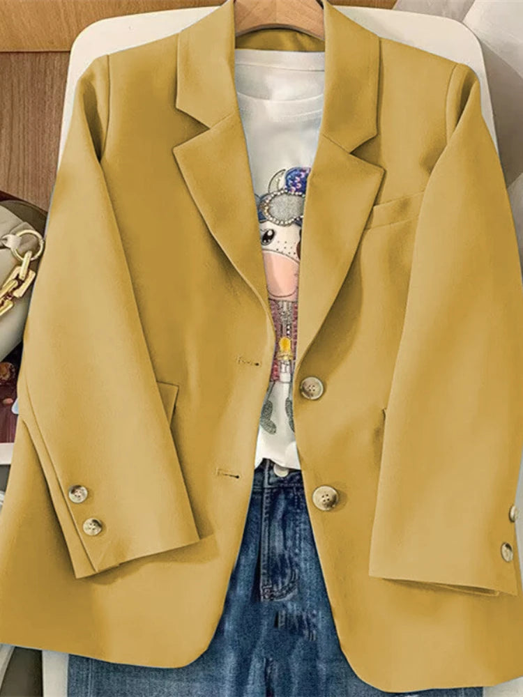 Spring Blazer Women Casual Loose Coat Long Sleeved Top Elegant Jackets Outwear for Office Lady Women Official Clothing Yellow