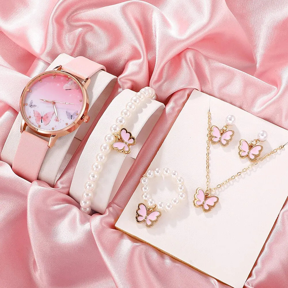 6PCS Set Women Fashion Quartz Watch Female Clock Pink Butterfly Dial Luxury Brand Design Ladies Leather Wrist Watch Montre Femme