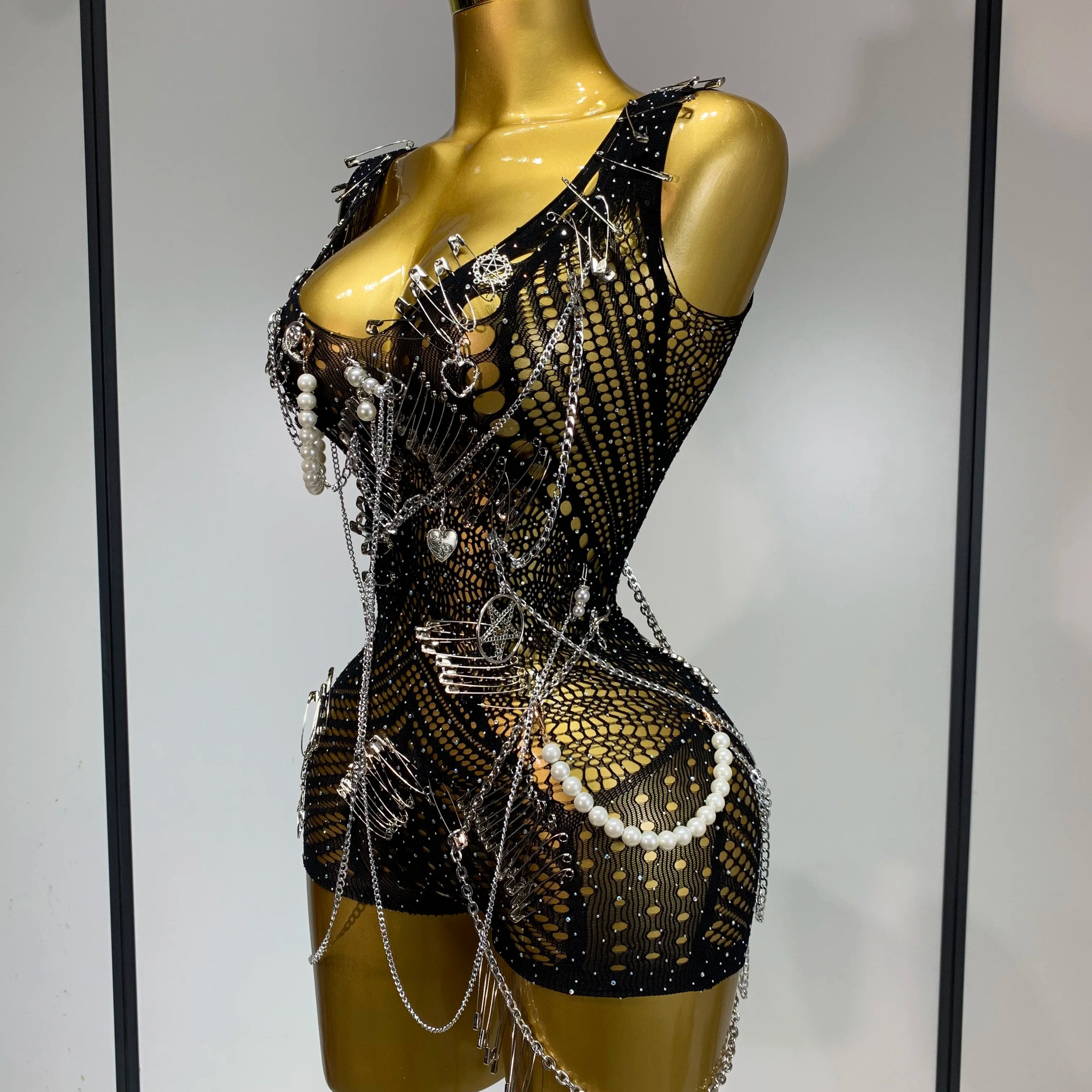 Women Pin Sparkly Crystal Cut Out Sexy Stretch Bodysuit Women Nightclub DJ Clothing Stage Singer Dancer Performance Costume