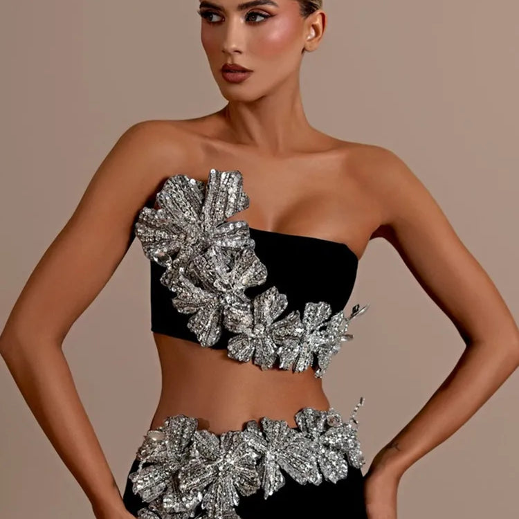 Conjunto feminino sexy sem alças com flor diamantes cristal preto maxi saia longa bandagem malha elegante roupa de festa para clube à noite