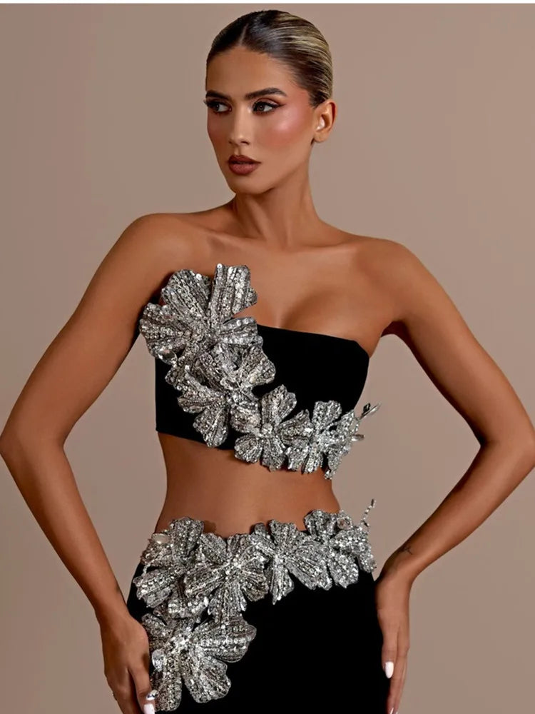 Conjunto feminino sexy sem alças com flor diamantes cristal preto maxi saia longa bandagem malha elegante roupa de festa para clube à noite