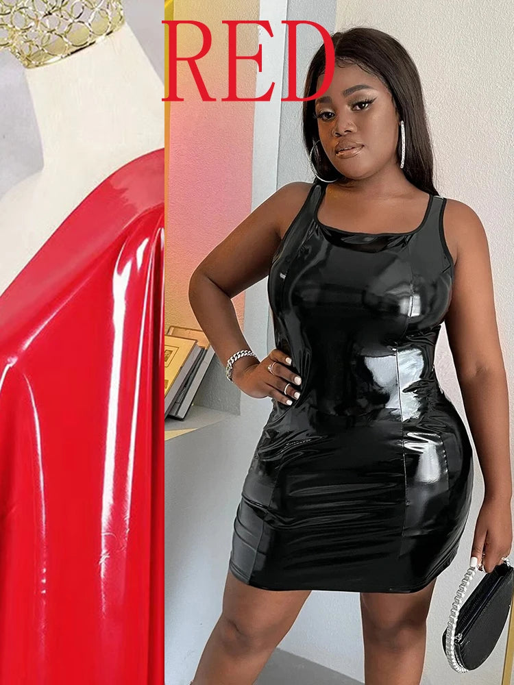 Summer Sleeveless Faux Latex Dress Women Plus Size Sexy PVC Leather Mini Dress Square Collar Ladies Bodycon Pu Dress 6XL 7XL Red