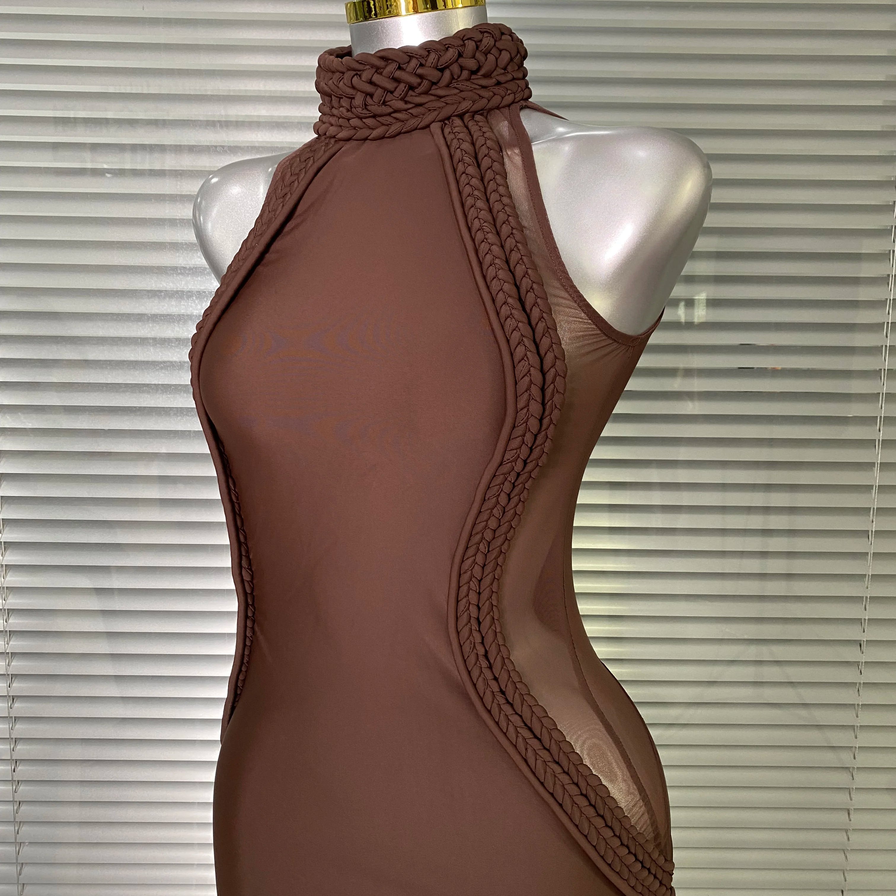 Brand New Women Sexy Sleeveless Brown Lace Long Dress Brown High Street Celebrity Party Dress