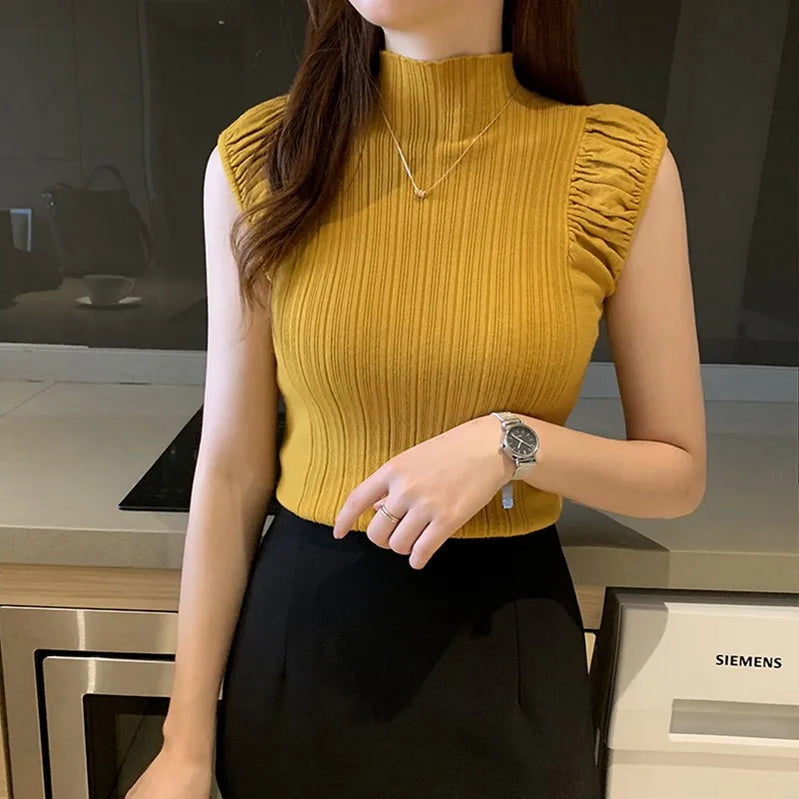Women Tops Half High Collar Vest Solid Casual Female Sleeveless Knitted Summer Half Turtleneck Knitted Sleeveless T-Shirt