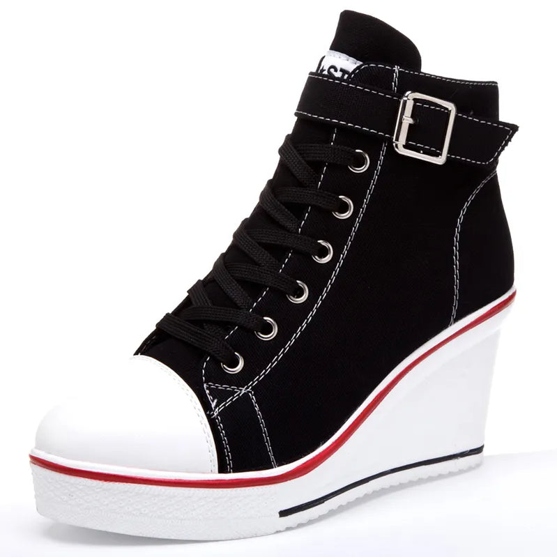 High Top Canvas Women Wedge Shoes Women's Denim Ankle Lace Up Ladies Ankle Canvas Shoes Woman 8cm Heels Sneakers black