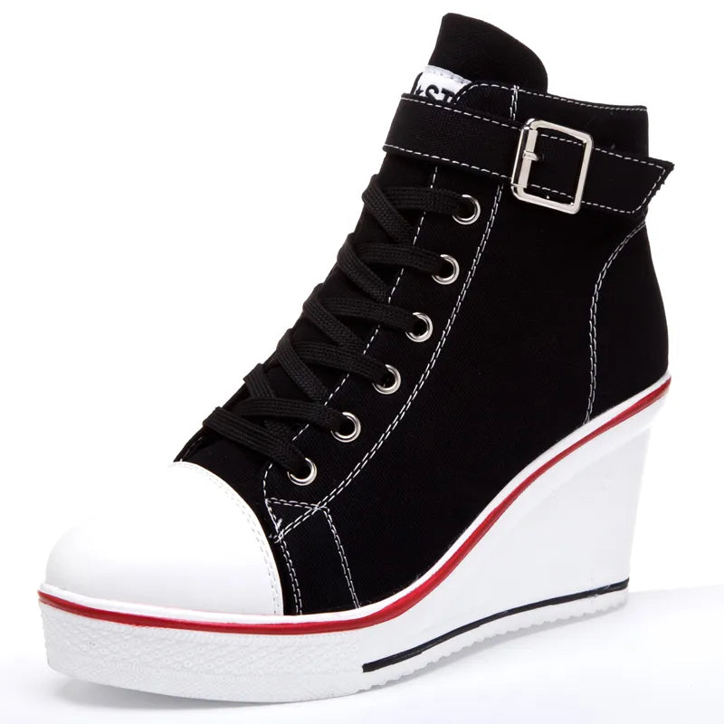 High Top Canvas Women Wedge Shoes Women's Denim Ankle Lace Up Ladies Ankle Canvas Shoes Woman 8cm Heels Sneakers black
