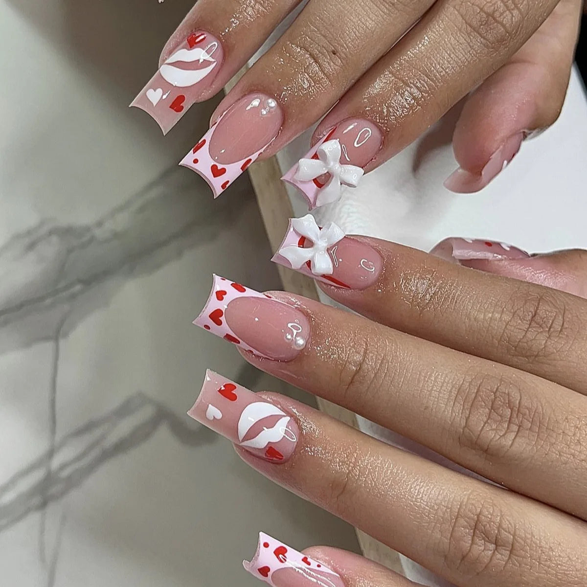 24Pcs Mid-length French Press on Fake Nails with Flame and Cherry Heart Square Head False Nails Wearable Manicure Tips Nails Art