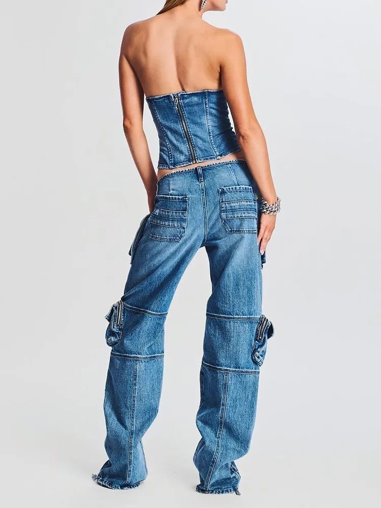 Denim Vintage Two Piece Sets For Women Strapless Sleeveless Tops High Waist Spliced Pockets Pant Casual Set Female